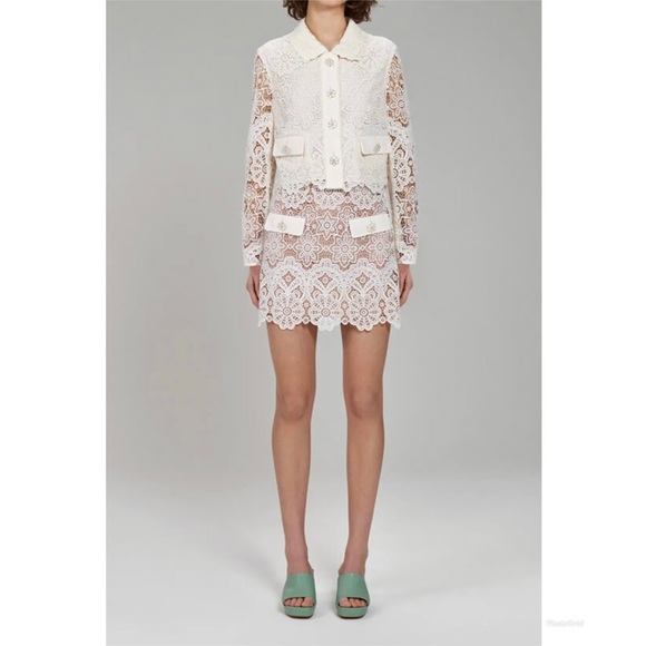Self Portrait Ivory Floral Guipure Lace Skirt Cropped Jacket Suit